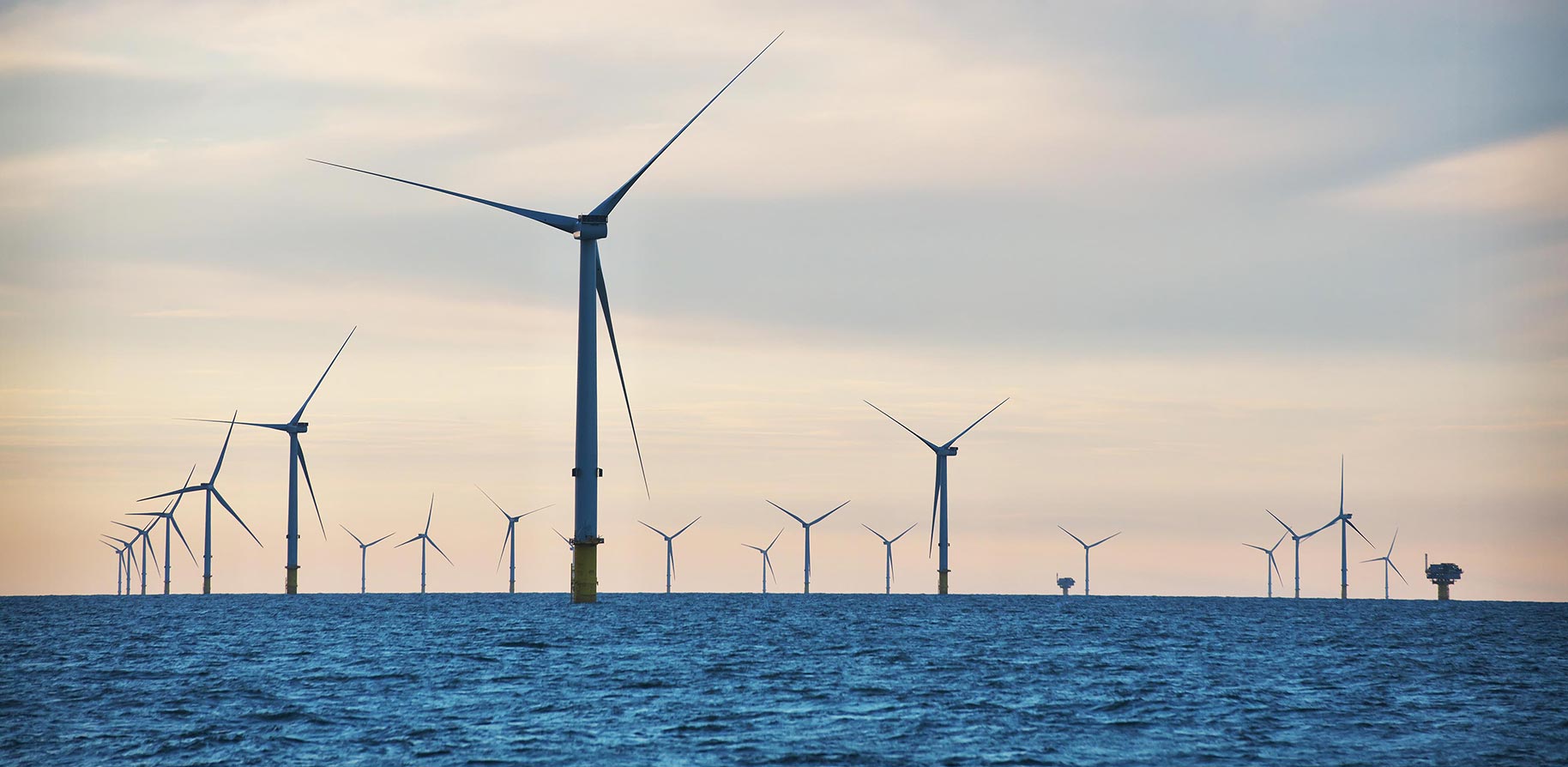 A vast seascape featuring numerous wind turbines on the horizon, silhouetted against a pastel sky at dusk.