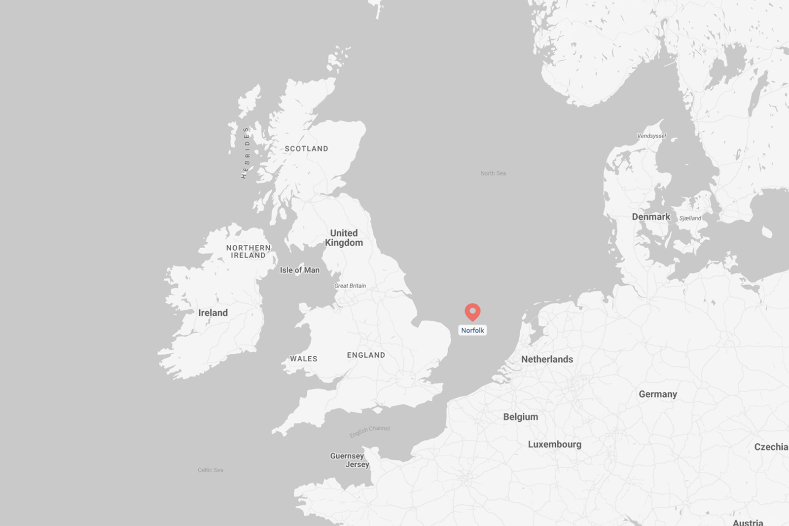 A map highlighting Norfolk in the UK, with grey tones and clear geographical labels including Scotland and Ireland.