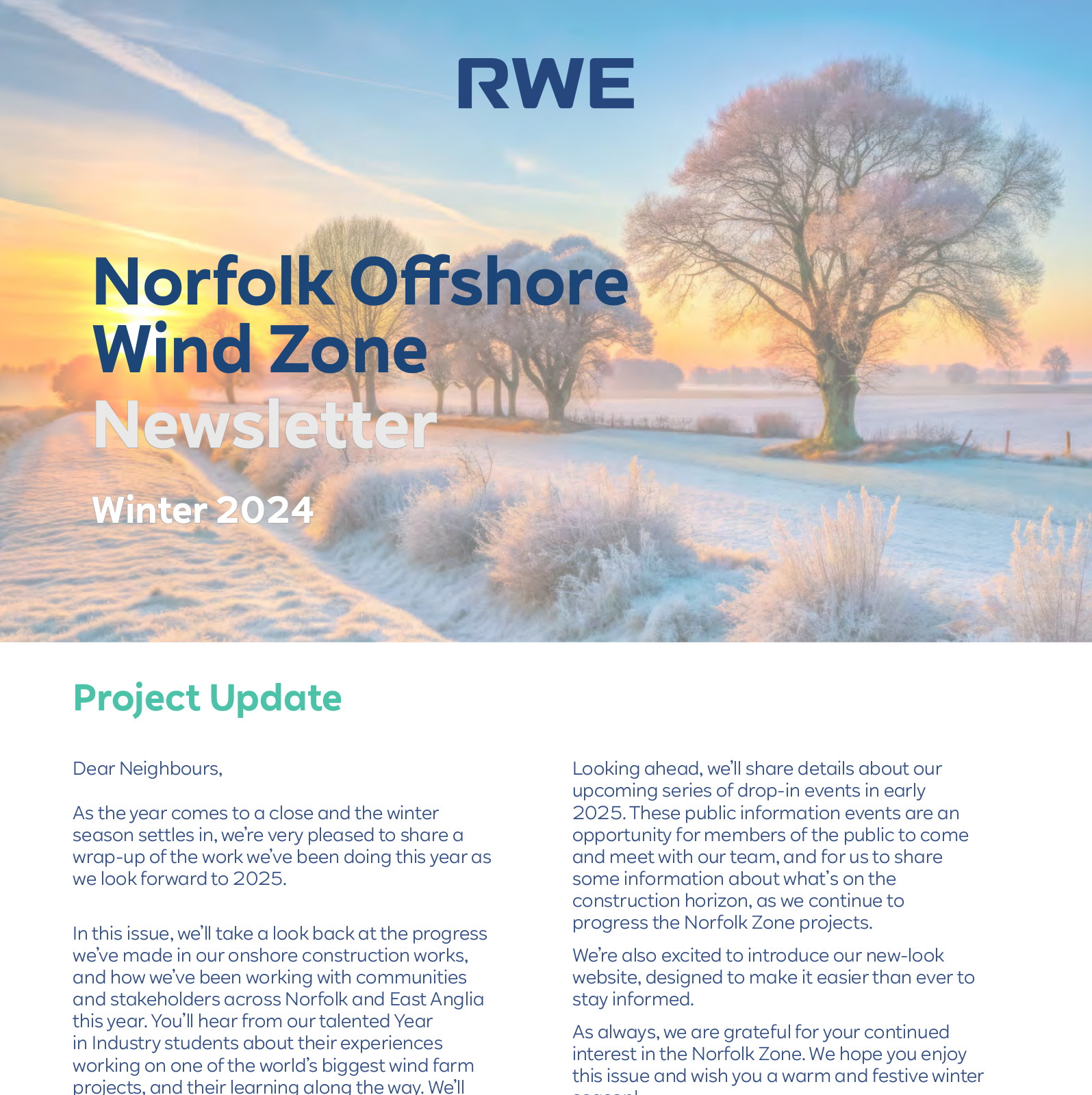 A winter landscape featuring frosty trees and a serene path, with the RWE Norfolk Offshore Wind Zone newsletter prominently displayed.
