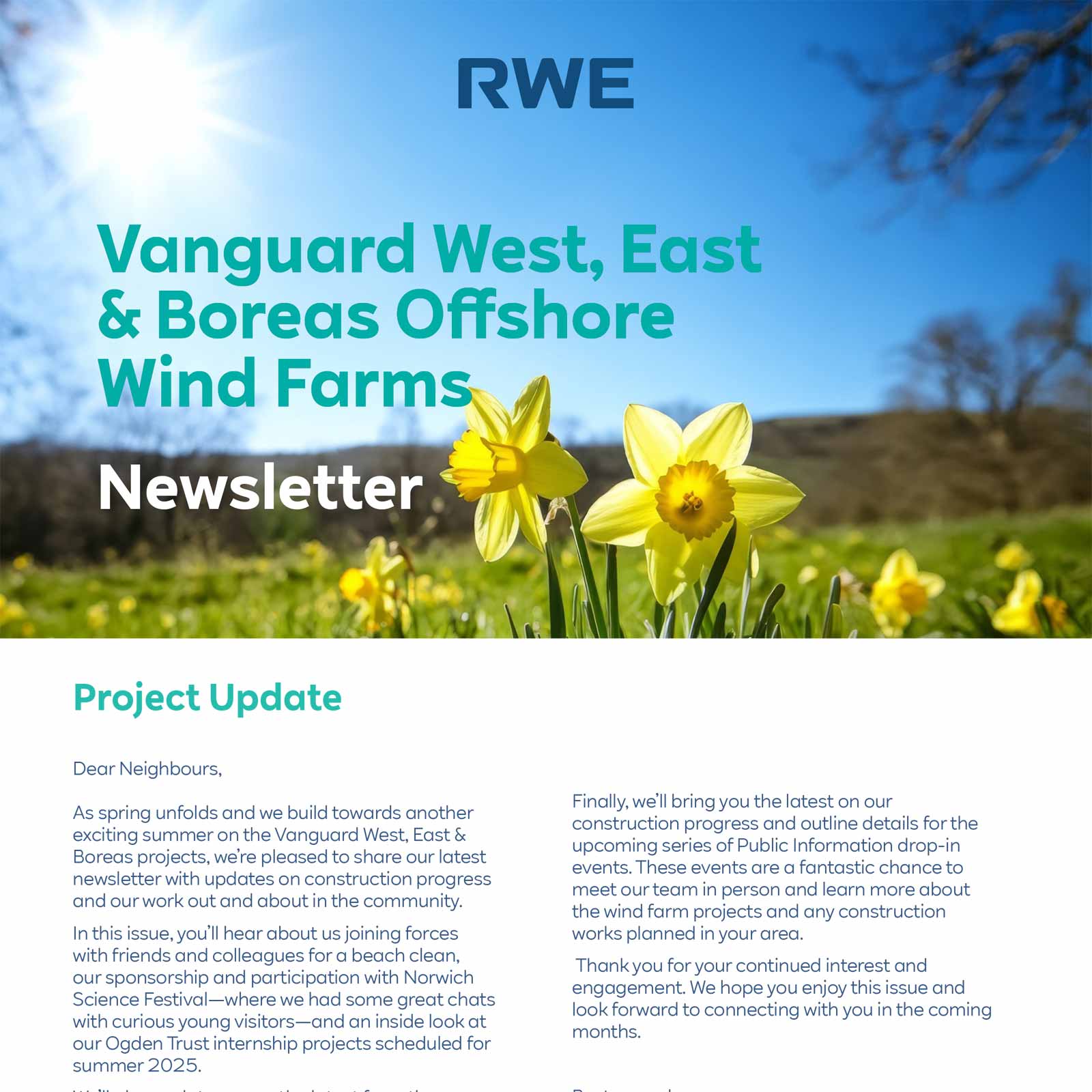 An image featuring yellow daffodils in the foreground against a clear blue sky and a sunny background. RWE logo is in the top left.