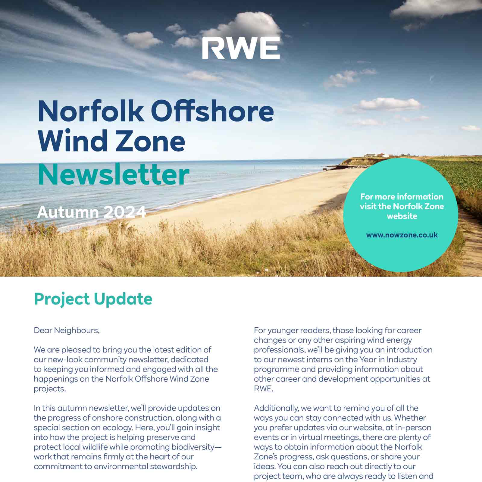 A coastal scene with a sandy beach and blue sea, featuring the RWE logo and text about the Norfolk Offshore Wind Zone newsletter.