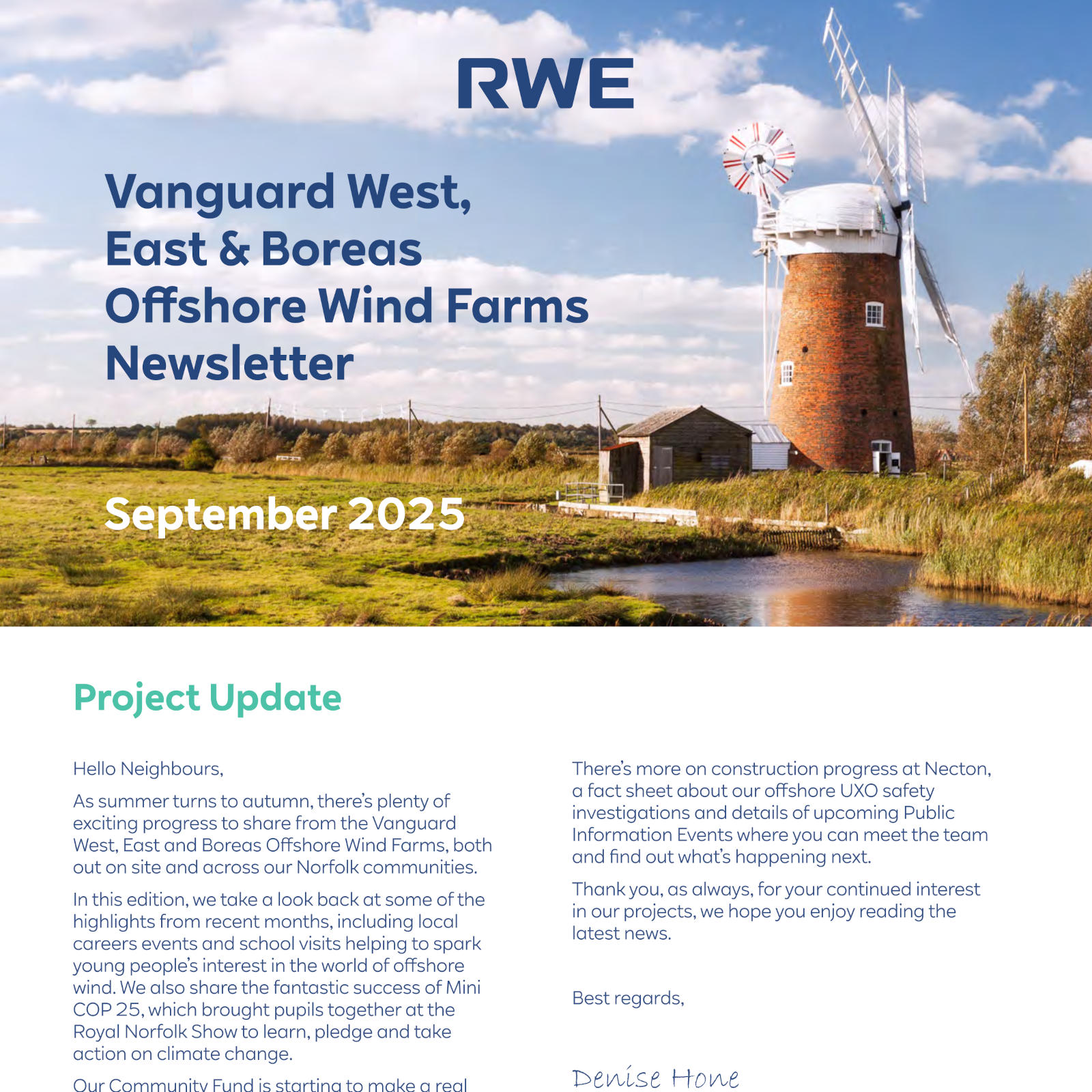 A windmill beside a river in a lush green landscape, featuring a newsletter titled 'Vanguard West, East & Boreas Offshore Wind Farms'.