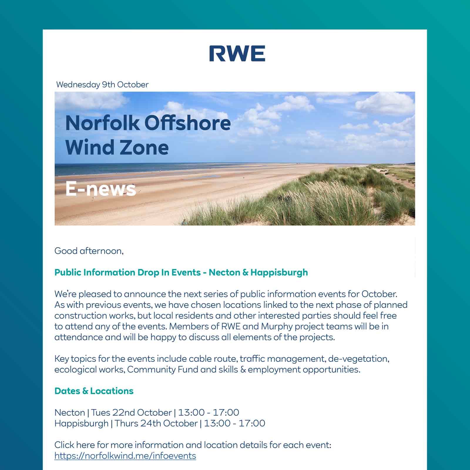 An email newsletter about the Norfolk Offshore Wind Zone, featuring a sandy beach and green dunes under a blue sky.