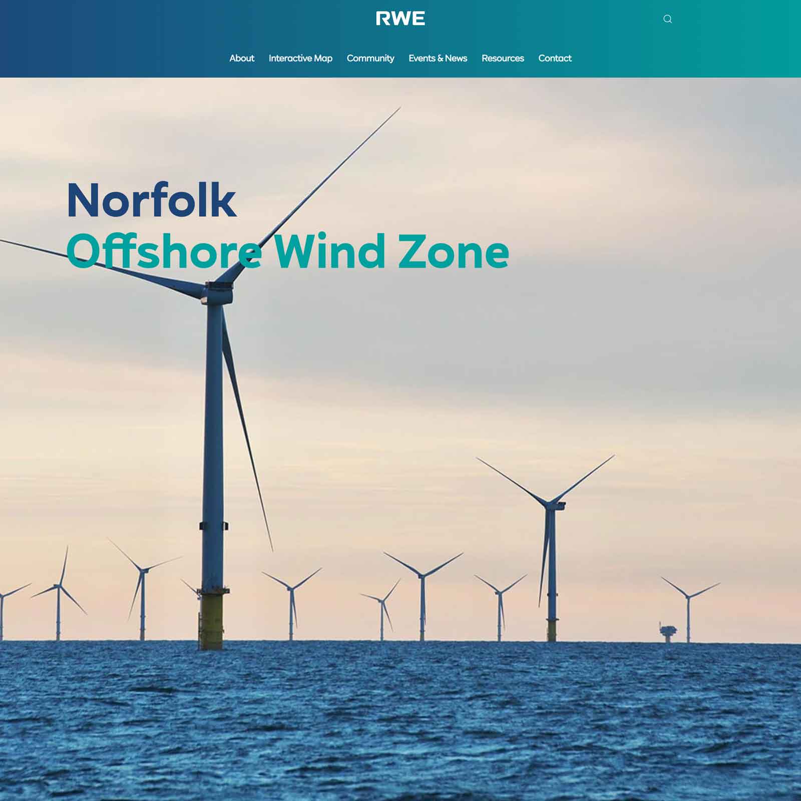 Image shows an offshore wind zone in Norfolk with multiple wind turbines against a cloudy sky over the sea.