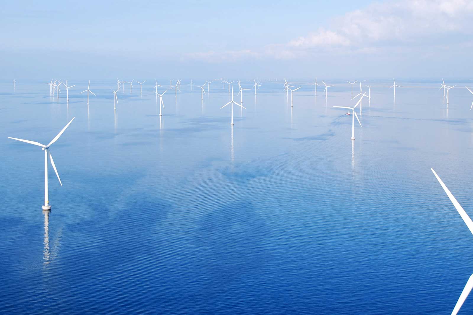 A panoramic view of numerous wind turbines positioned in a blue sea under a clear sky, reflecting sunlight on the water.
