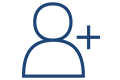 An icon featuring a blue silhouette of a person, accompanied by a bold plus symbol on the right side.